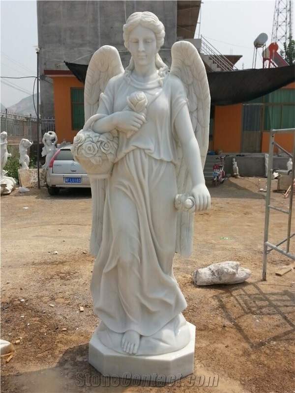 Flower Angel Sculpture, Pure White Marble