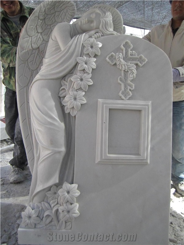 White Marble Carving Angel Tombstones, Headstones