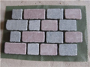 Welles Green Porphyry+ Red Porphyry Meshed Offset Shape Paving Stone,Cobble and Cube Stone on Meshed,Top Flamed, Sides Natural+Tumbled Mg103
