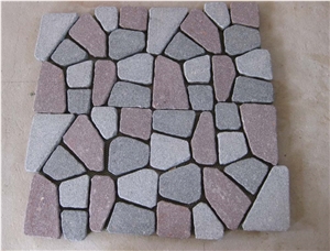 Welles Green + Red Porphyry Meshed Crazy Shape Paving Stone,Flagstone,Sides Natural+Tumbled Top Flamed, Sides Natural+Tumbled Mg-104
