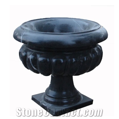 Wellest Black Marquina Marble Round Garden Flower Pot,Natural Stone Outside Garden Flower Pot,Item No. Sgp011