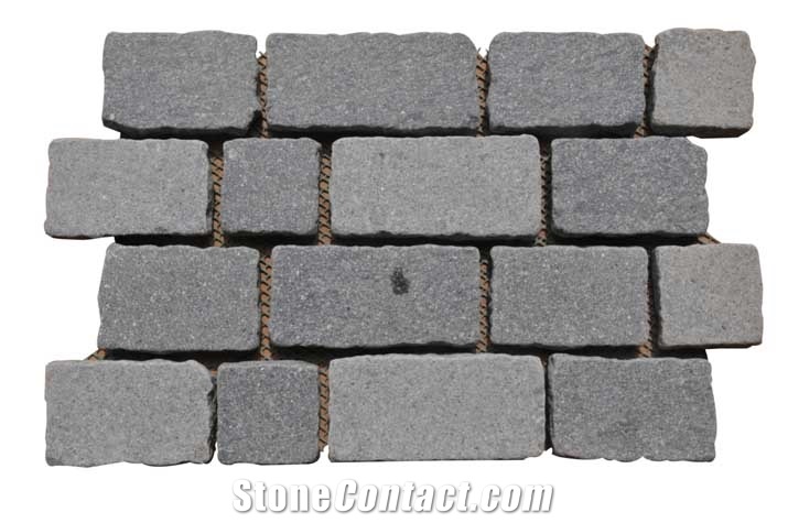 Wellest Black Porphyry Meshed Granite Offset Shape Paving Stone,Cobble and Cube Stone on Meshed,Top Flamed,Other Sides Natural and Tumbled