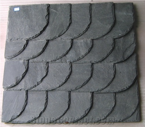 Wellest Fan Shape China Natural Black Slate Roof Tile,Sides Natural Split,Without Pre-Drilled Holes,Model No. Srt009