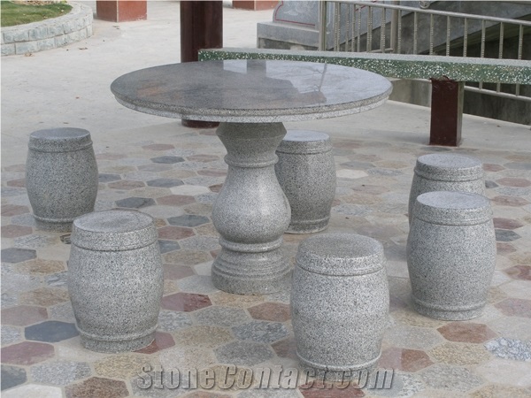 Wellest G603 China Rosa Beta Luner Pearl Grey Granite Table& Stool, Exterior & Outside Garden Round Table and Round Stool, Model No.Stc021