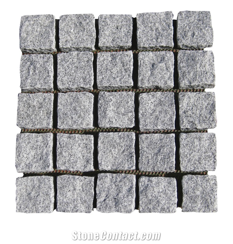 Wellest G603 China Rose Beta,Meshed Granite Paving Stone,Cobble and Cube Stone on Meshed,Five Face Natural,Bottom Sawn Cut.Mg-008