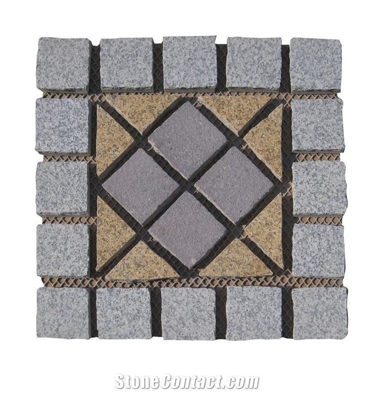 Wellest G603 G672 G658 Meshed Granite Paving Stone,Cobble and Cube Stone on Meshed,Mosiac Paver,Top Flamed, Other Natural, Bottom Saw Cut