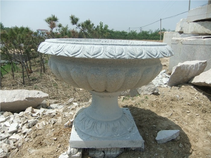 Wellest G603 Luner Pearl Grey Granite Round Garden Flower Pot,Natural Stone Outside Garden Flower Pot,Item No. Sgp015