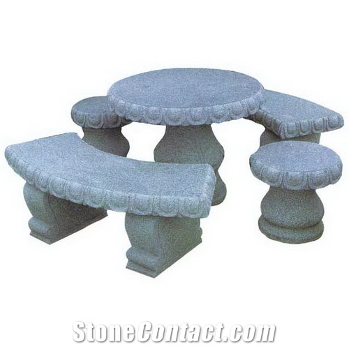 Wellest G633 Padang Light Grey Granite Table & Bench, Round Garden Table and Bench,Exterior & Outside Table with Bench,Polished Surface,Model.Stc007