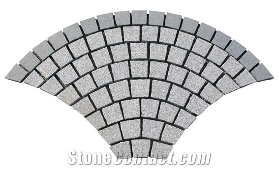Wellest G654 G603 Meshed Granite Fan Shape Paving Stone,Cobble and Cube Stone on Meshed,Top Flamed,Sides Natural, Bottom Sawn Cut Mg-063