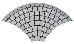 Wellest G654 G603 Meshed Granite Fan Shape Paving Stone,Cobble and Cube Stone on Meshed,Top Flamed,Sides Natural, Bottom Sawn Cut Mg-063