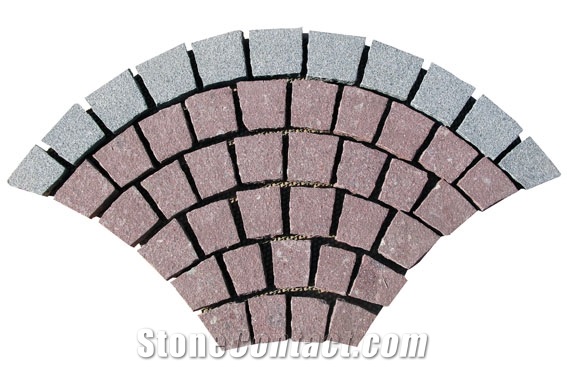 Wellest G654 G658 Meshed Granite Fan Shape Paving Stone,Cobble and Cube Stone on Meshed,Top Flamed,Sides Natural,Bottom Saw Cut Mg-064