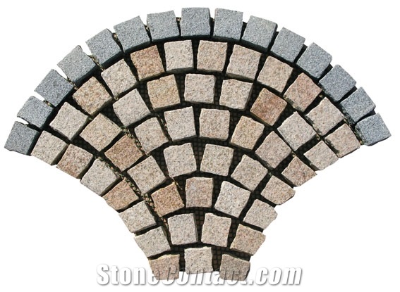 Wellest G654 G682 Mixed Meshed Granite Fan Shape Paving Stone,Cobble and Cube Stone on Meshed,Top Flamed,Sides Natural, Bottom Saw Cut Mg-59