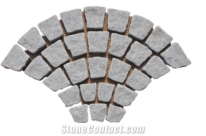 Wellest G654 Meshed Granite Fan Shape Paving Stone,Cobble and Cube Stone on Meshed, Five Faces Natural and Tumbled,Bottom Saw Cut Mg-067