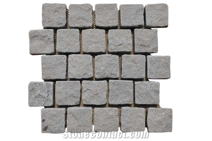 Wellest G654 Meshed Granite Offset Shape Paving Stone,Cobble and Cube Stone on Meshed,Five Faces Natural and Tumbled,,Bottom Saw Cut Mg-077
