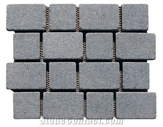 Wellest G654 Sesame Black Granite Meshed Granite Paving Stone,Cobble and Cube Stone on Meshed,Top Flamed，Others Saw Cut and Tumbled Mg-046