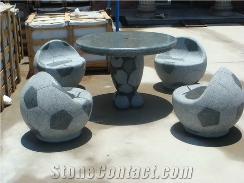 Wellest G654 Sesame Black Granite Polished Table and Flamed Stools, Exterior Round Table and Football Shape Stool,Garden Table and Stool, Stc023