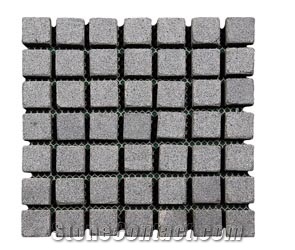 Wellest G654 Sesame Black Meshed Granite Paving Stone,Cobble and Cube Stone on Meshed,Top Flamed，Other Sawn Cut and Tumbled.Mg-010