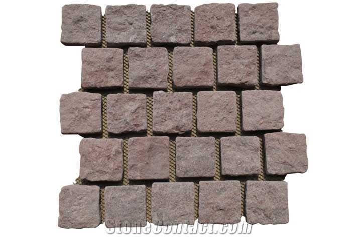 Wellest G658 Meshed Granite Offset Shape Paving Stone,Cobble and Cube Stone on Meshed,Five Faces Natural and Tumbled,Bottom Saw Cut Mg-079