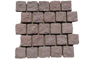 Wellest G658 Meshed Granite Offset Shape Paving Stone,Cobble and Cube Stone on Meshed,Five Faces Natural and Tumbled,Bottom Saw Cut Mg-079