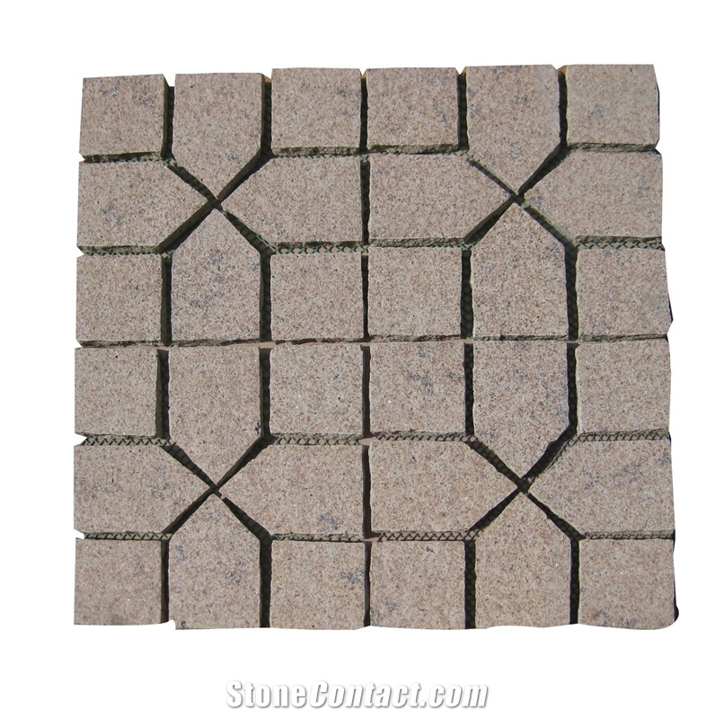 Wellest G672 Putian Rust Granite Meshed Paving Stone,Cobble and Cube Stone on Meshed,Top Flamed,Bottom Sawn Cut.Mg-006