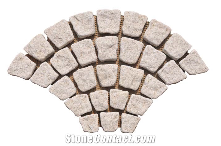 Wellest G682 Meshed Granite Fan Shape Paving Stone,Cobble and Cube Stone on Meshed, Five Faces Natural and Tumbled,Bottom Saw Cut Mg-068