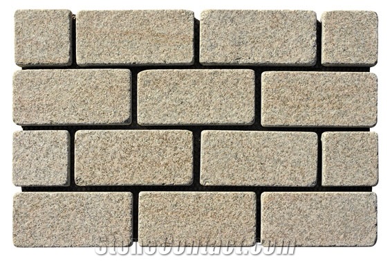 Wellest G682 Sunset Gold Meshed Granite Paving Stone,Cobble and Cube Stone on Meshed,Top Flamed,Others Saw Cut and Tumbled Mg-045
