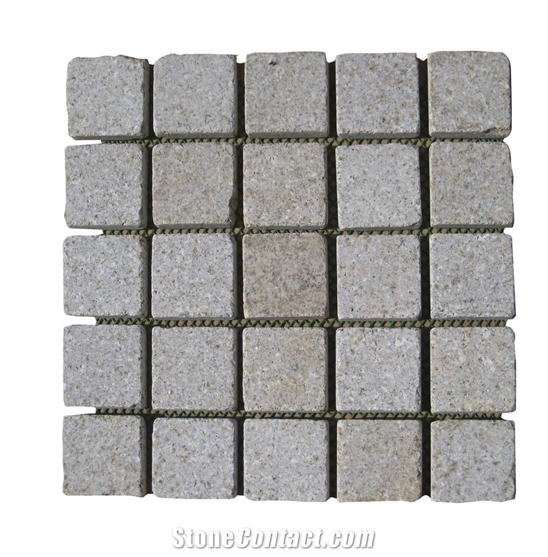 Wellest G682 Sunset Gold,Rusty Yellow Granite Meshed Paving Stone,Cobble and Cube Stone on Meshed, Six Face Saw Cut and Tumbled.Mg-013