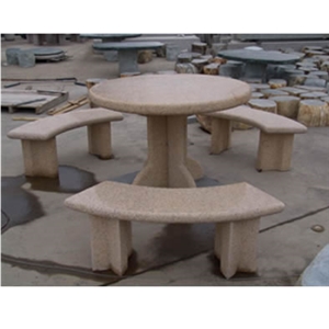 Wellest G682 Sunset Gold Yellow Granite Round Table & Bench, Round Garden Table and Bench,Exterior & Outside Table with Bench,Polished Surface,Stc040