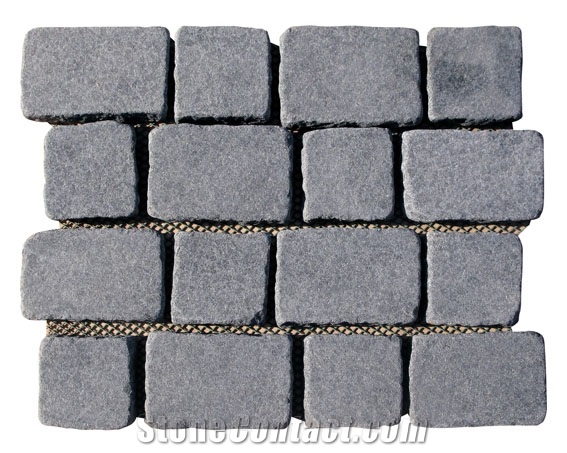 Wellest G684 Fortune Black Offset Meshed Granite Paving Stone,Cobble and Cube Stone on Meshed,Top Flamed,Sides Natural, Bottom Saw Cut Mg-48