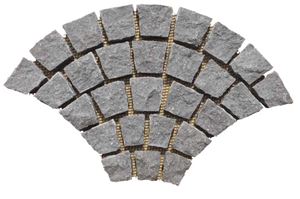 Wellest G684 Meshed Basalt Fan Shape Paving Stone,Cobble and Cube Stone on Meshed, Five Faces Natural,Bottom Saw Cut Mg-073