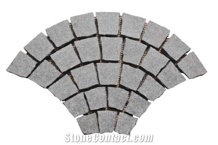 Wellest G684 Meshed Basalt Fan Shape Paving Stone,Cobble and Cube Stone on Meshed,Top Flamed,Other Sides Natural,Bottom Saw Cut Mg-072