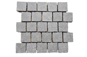 Wellest G684 Meshed Granite Offset Shape Paving Stone,Cobble and Cube Stone on Meshed,Top Flamed,Other Sides Natural,Bottom Saw Cut Mg-075