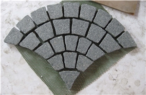 Wellest Green Porphyry Meshed Fan Shape Paving Stone,Cobble and Cube Stone on Meshed, Top Flamed, Sides Natural+Tumbled Mg-095