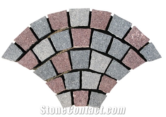 Wellest Grey + Green+ Red Porphyry Meshed Fan Shape Paving Stone,Cobble and Cube Stone on Meshed,Top Flamed,Sides Natural, Bottom Saw Cut
