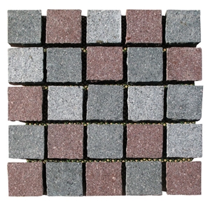 Wellest Grey + Green + Red Porphyry Meshed Paving Stone,Cobble and Cube Stone on Meshed,Top Flamed,Sides Natural, Bottom Saw Cut Mg-051