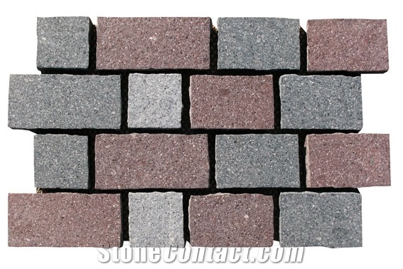 Wellest Grey + Green + Red Porphyry Meshed Paving Stone,Cobble and Cube Stone on Meshed,Top Flamed,Sides Natural, Bottom Saw Cut Mg-052