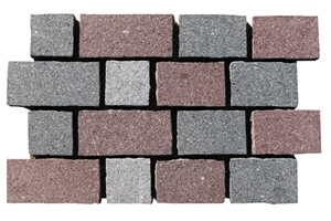 Wellest Grey + Green + Red Porphyry Meshed Paving Stone,Cobble and Cube Stone on Meshed,Top Flamed,Sides Natural, Bottom Saw Cut Mg-052