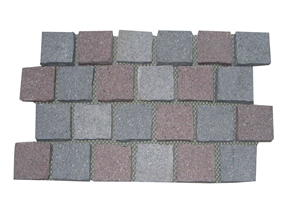 Wellest Grey Porphyry + Red Porphyry Meshed Granite Paving Stone,Cobble and Cube Stone on Meshed,Top Flamed,Bottom Sawn Cut