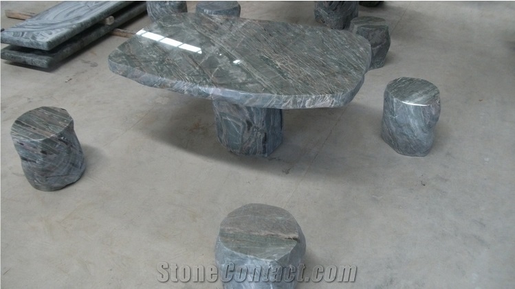 Wellest Imperial Green Granite Table and Stool ,Square Stone Table and Stool, Stc 036