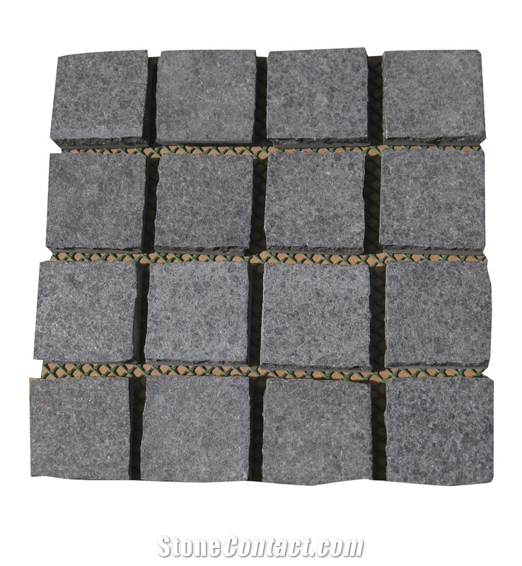 Wellest Meshed Basalt Paving Stone,G684 Fortune Black Cube Stone Meshed, Top Flamed, Other Natural, Bottom Sawn Cut.Mg-003