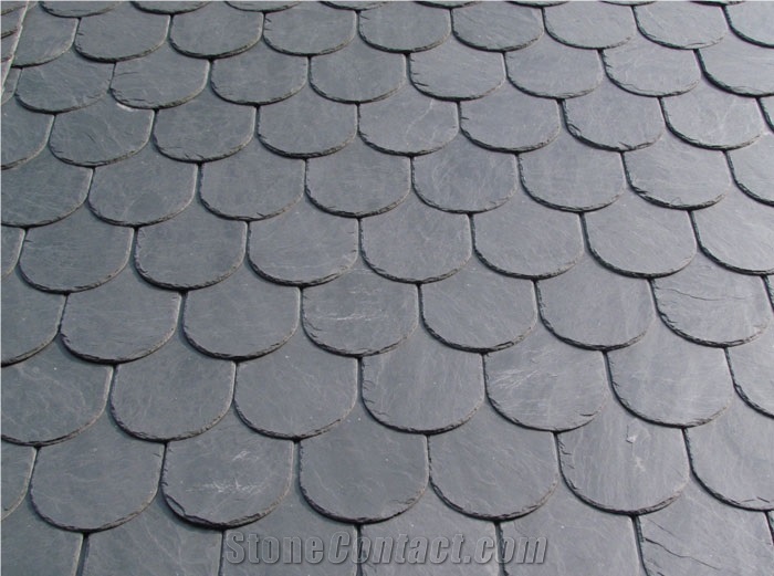 Wellest Oval Shape China Natural Black Slate Roof Tile, Sides Natural Split,With Pre-Drilled Holes,,Model No. Srt010