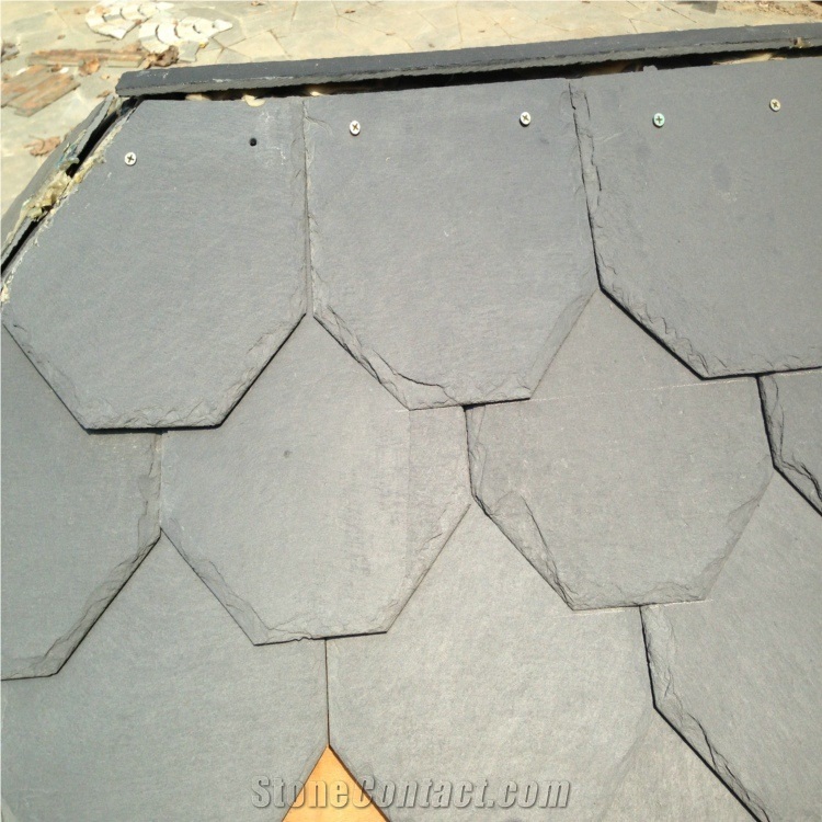Wellest Polygon Shape China Natural Grey Slate Roofing Tile,Sides Natural Split,With Pre-Drilled Holes,Model No.Srt014