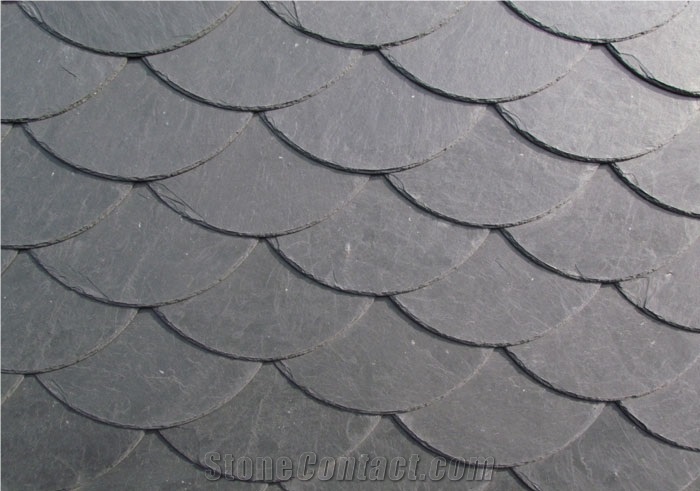 Wellest Rainbow Style China Natural Black Slate Roof Tile, Sides Hand Cut,Without Pre-Drilled Holes,Model No. Srt011