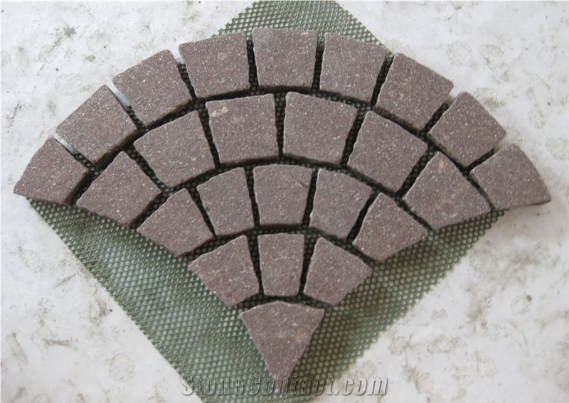 Wellest Red Porphyry Meshed Fan Shape Paving Stone,Cobble and Cube Stone on Meshed,Top Flamed, Sides Natural+Tumbled Mg-094