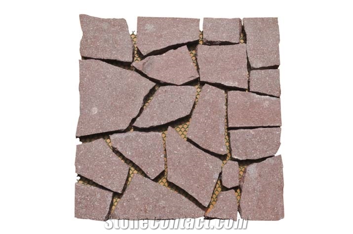 Wellest Red Porphyry Meshed Offset Shape Paving Stone,Flagstone,Cobble and Cube Stone on Meshed,Top Flamed and Other Sides Natural ,Bottom Saw Cut