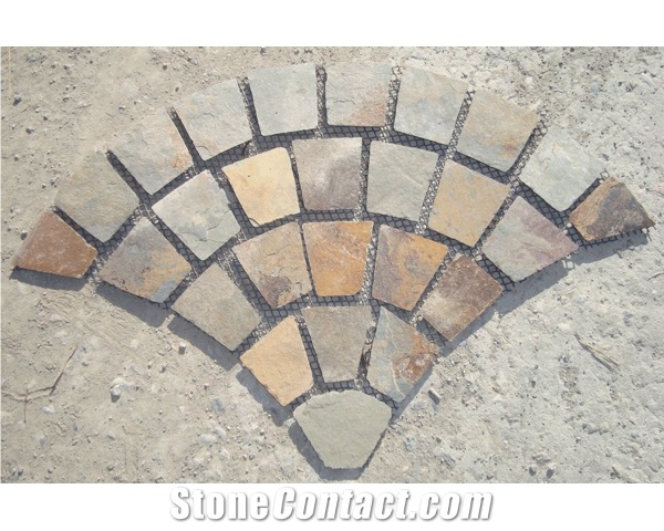 Wellest Rustic Brown and Multi Color Slate Meshed Fan Shape Paving Stone,Cobble and Cube Stone on Meshed,Ms016