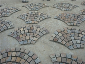 Wellest Rustic Brown and Multicolor Slate Meshed Fan Shape Paving Stone,Cobble and Cube Stone on Meshed,Ms020