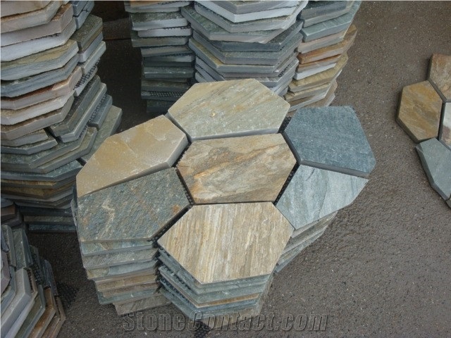 Wellest Yellow Wood Beige Slate Flagstone,Meshed Paver Stone,7pieces Type,Item No.Ms017