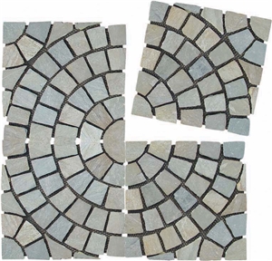 Wellest Yellow Wood Slate Meshed Fan Shape Paving Stone,Cobble and Cube Stone on Meshed,Mosaic,Ms019