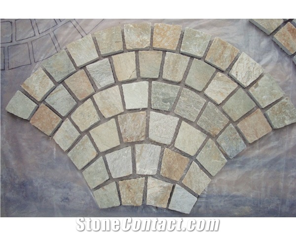 Wellest Yellow Wood Slate Meshed Fan Shape Paving Stone,Cobble and Cube Stone on Meshed,Ms015
